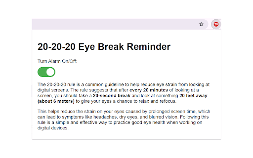 20 20 20 Eye Break Reminder from Chrome web store to be run with OffiDocs Chromium online 20 20 20 Eye Break Reminder from Chrome web store to be run with OffiDocs Chromium online