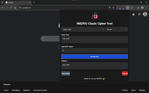 9M2PJU Classic Cipher Tool from Chrome web store to be run with OffiDocs Chromium online 9M2PJU Classic Cipher Tool from Chrome web store to be run with OffiDocs Chromium online