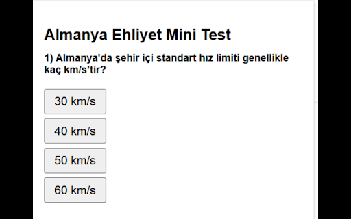 Almanya Ehliyet Mini Test from Chrome web store to be run with OffiDocs Chromium online Almanya Ehliyet Mini Test from Chrome web store to be run with OffiDocs Chromium online