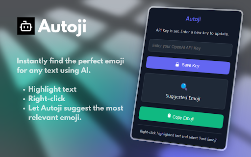 Autoji AI Emoji Suggester from Chrome web store to be run with OffiDocs Chromium online Autoji AI Emoji Suggester from Chrome web store to be run with OffiDocs Chromium online