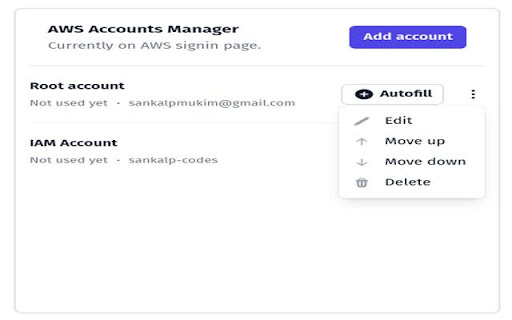 AWS Accounts Manager from Chrome web store to be run with OffiDocs Chromium online AWS Accounts Manager from Chrome web store to be run with OffiDocs Chromium online