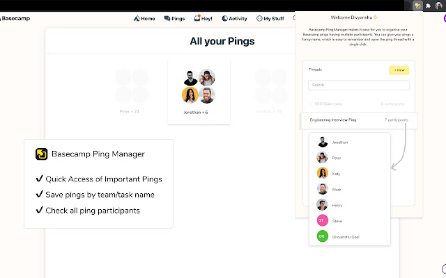 Basecamp Ping Manager from Chrome web store to be run with OffiDocs Chromium online Basecamp Ping Manager from Chrome web store to be run with OffiDocs Chromium online