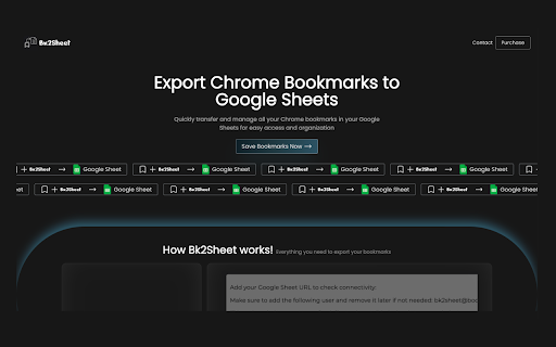 Bk2Sheet: Export Chrome Bookmarks to Google Sheets from Chrome web store to be run with OffiDocs Chromium online Bk2Sheet: Export Chrome Bookmarks to Google Sheets from Chrome web store to be run with OffiDocs Chromium online