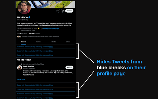 Blue Check Hider from Chrome web store to be run with OffiDocs Chromium online Blue Check Hider from Chrome web store to be run with OffiDocs Chromium online