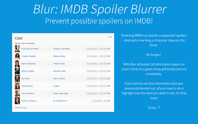 Blur: IMDB Episode Blurrer from Chrome web store to be run with OffiDocs Chromium online Blur: IMDB Episode Blurrer from Chrome web store to be run with OffiDocs Chromium online