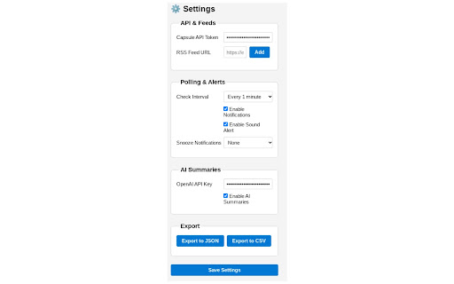 Capsule CRM RSS Monitor with OpenAI API Summaries from Chrome web store to be run with OffiDocs Chromium online Capsule CRM RSS Monitor with OpenAI API Summaries from Chrome web store to be run with OffiDocs Chromium online