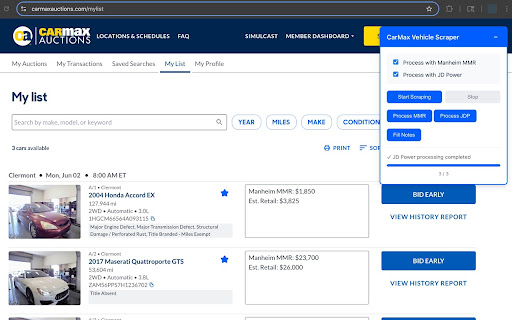 CarMax Auctions Vehicle Scraper from Chrome web store to be run with OffiDocs Chromium online CarMax Auctions Vehicle Scraper from Chrome web store to be run with OffiDocs Chromium online