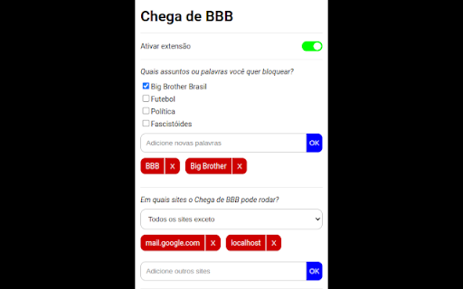 Chega de BBB from Chrome web store to be run with OffiDocs Chromium online Chega de BBB from Chrome web store to be run with OffiDocs Chromium online