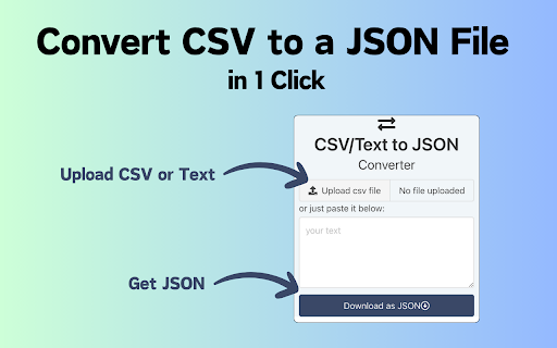 Convert CSV to JSON from Chrome web store to be run with OffiDocs Chromium online Convert CSV to JSON from Chrome web store to be run with OffiDocs Chromium online
