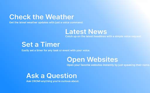 CROMI AI Voice Assistant from Chrome web store to be run with OffiDocs Chromium online CROMI AI Voice Assistant from Chrome web store to be run with OffiDocs Chromium online