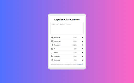 Crosspostify Caption Char Counter from Chrome web store to be run with OffiDocs Chromium online Crosspostify Caption Char Counter from Chrome web store to be run with OffiDocs Chromium online