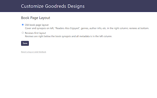Customize Goodreads Design from Chrome web store to be run with OffiDocs Chromium online Customize Goodreads Design from Chrome web store to be run with OffiDocs Chromium online