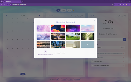 Dreamy Tab Journal, Calendar To Do Dashboard from Chrome web store to be run with OffiDocs Chromium online Dreamy Tab Journal, Calendar To Do Dashboard from Chrome web store to be run with OffiDocs Chromium online