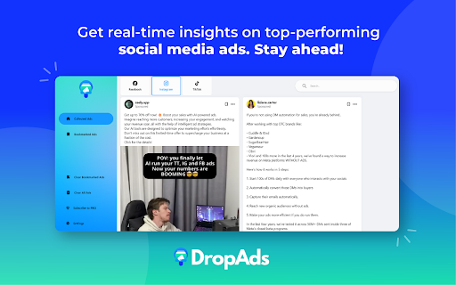 DropAds Facebook Ad Finder AdSpy Tool from Chrome web store to be run with OffiDocs Chromium online DropAds Facebook Ad Finder AdSpy Tool from Chrome web store to be run with OffiDocs Chromium online
