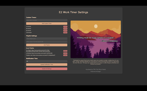 E2 Work Timer from Chrome web store to be run with OffiDocs Chromium online E2 Work Timer from Chrome web store to be run with OffiDocs Chromium online