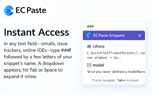 ECPaste Code Snippet Manager from Chrome web store to be run with OffiDocs Chromium online ECPaste Code Snippet Manager from Chrome web store to be run with OffiDocs Chromium online