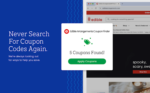 Edible Arrangements Coupon Finder Latest Coupons Best Deals from Chrome web store to be run with OffiDocs Chromium online Edible Arrangements Coupon Finder Latest Coupons Best Deals from Chrome web store to be run with OffiDocs Chromium online