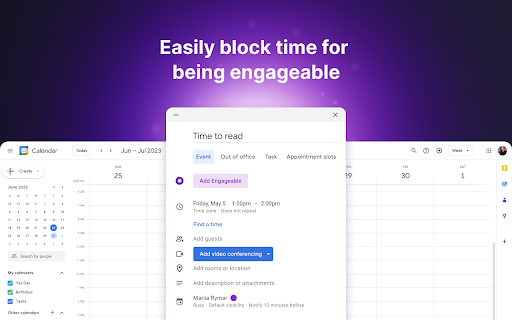 Engageable Time block with Google Calendar from Chrome web store to be run with OffiDocs Chromium online Engageable Time block with Google Calendar from Chrome web store to be run with OffiDocs Chromium online