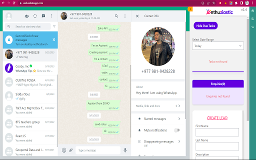 Enthu Whatsapp ZOHO CRM from Chrome web store to be run with OffiDocs Chromium online Enthu Whatsapp ZOHO CRM from Chrome web store to be run with OffiDocs Chromium online