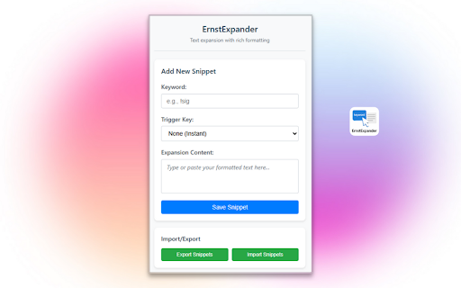 ErnstExpander from Chrome web store to be run with OffiDocs Chromium online ErnstExpander from Chrome web store to be run with OffiDocs Chromium online