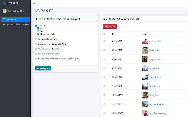 ET2.FUN Lọc bạn bè không tương tác from Chrome web store to be run with OffiDocs Chromium online ET2.FUN Lọc bạn bè không tương tác from Chrome web store to be run with OffiDocs Chromium online