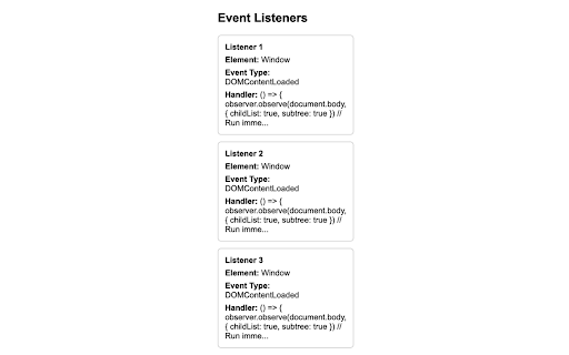 Event Listener Visualizer from Chrome web store to be run with OffiDocs Chromium online Event Listener Visualizer from Chrome web store to be run with OffiDocs Chromium online