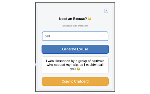 Excuse Generator from Chrome web store to be run with OffiDocs Chromium online Excuse Generator from Chrome web store to be run with OffiDocs Chromium online