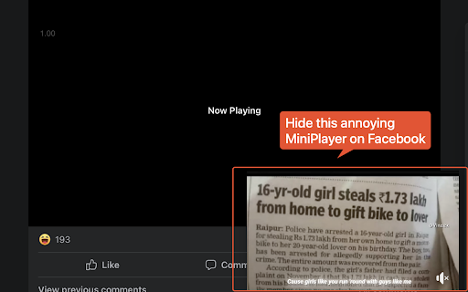 Facebook MiniPlayer Hide from Chrome web store to be run with OffiDocs Chromium online Facebook MiniPlayer Hide from Chrome web store to be run with OffiDocs Chromium online