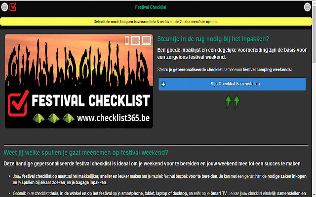 Festival Checklist (NL) from Chrome web store to be run with OffiDocs Chromium online Festival Checklist (NL) from Chrome web store to be run with OffiDocs Chromium online