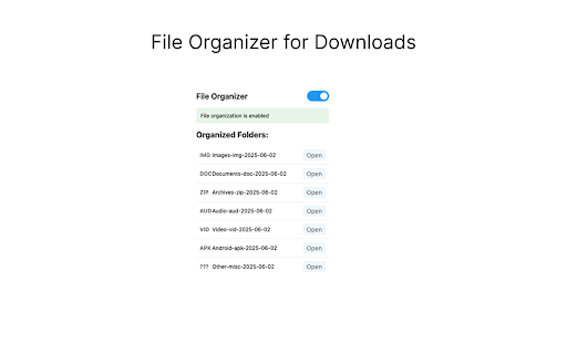 File Organizer for Downloads from Chrome web store to be run with OffiDocs Chromium online File Organizer for Downloads from Chrome web store to be run with OffiDocs Chromium online
