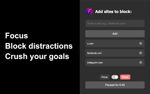 Focus: Block Websites Stay Focused from Chrome web store to be run with OffiDocs Chromium online Focus: Block Websites Stay Focused from Chrome web store to be run with OffiDocs Chromium online