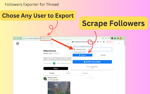 Followers Exporter for Thread from Chrome web store to be run with OffiDocs Chromium online Followers Exporter for Thread from Chrome web store to be run with OffiDocs Chromium online
