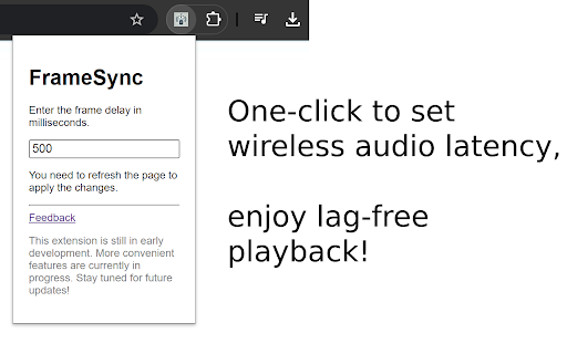 Frame Sync (Fix for Wireless Audio Delay) from Chrome web store to be run with OffiDocs Chromium online Frame Sync (Fix for Wireless Audio Delay) from Chrome web store to be run with OffiDocs Chromium online