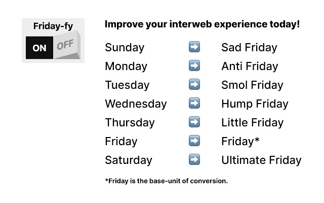 Friday fy from Chrome web store to be run with OffiDocs Chromium online Friday fy from Chrome web store to be run with OffiDocs Chromium online