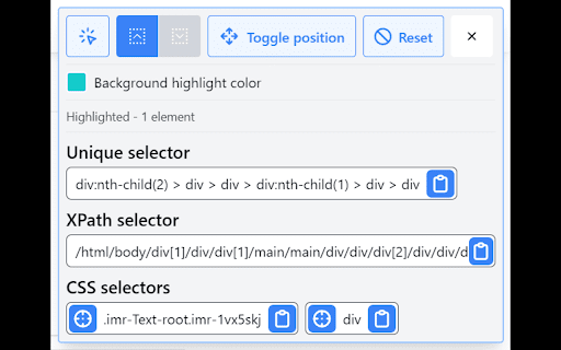 Generate CSS and XPath selectors from Chrome web store to be run with OffiDocs Chromium online Generate CSS and XPath selectors from Chrome web store to be run with OffiDocs Chromium online