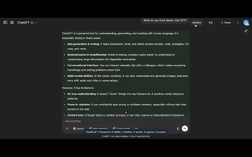 GPT Power Ups: Em Dash Fix, Clean Text, RTL Paint for ChatGPT from Chrome web store to be run with OffiDocs Chromium online GPT Power Ups: Em Dash Fix, Clean Text, RTL Paint for ChatGPT from Chrome web store to be run with OffiDocs Chromium online