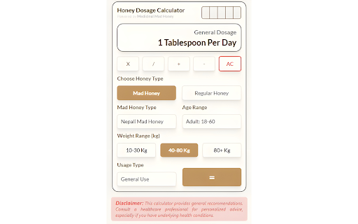 Honey Dosage Calculator from Chrome web store to be run with OffiDocs Chromium online Honey Dosage Calculator from Chrome web store to be run with OffiDocs Chromium online