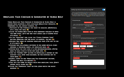 Hreflang Tags Checker Generator by Surge Bolt from Chrome web store to be run with OffiDocs Chromium online Hreflang Tags Checker Generator by Surge Bolt from Chrome web store to be run with OffiDocs Chromium online