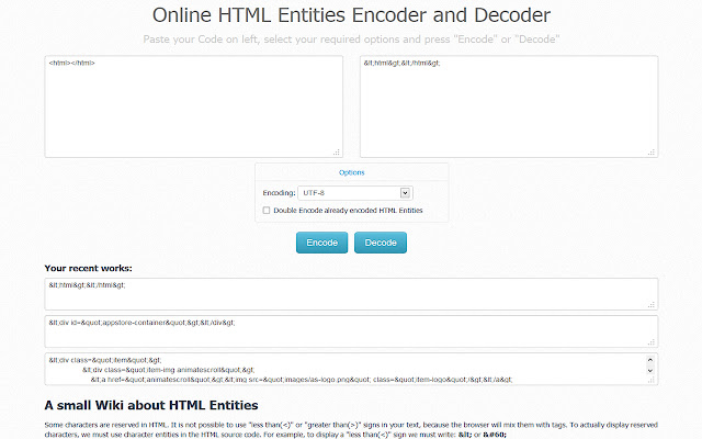 HTML Entities Encoder and Decoder from Chrome web store to be run with OffiDocs Chromium online HTML Entities Encoder and Decoder from Chrome web store to be run with OffiDocs Chromium online