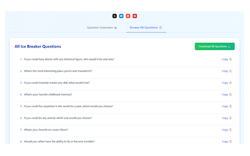 Icebreaker Questions from Chrome web store to be run with OffiDocs Chromium online Icebreaker Questions from Chrome web store to be run with OffiDocs Chromium online