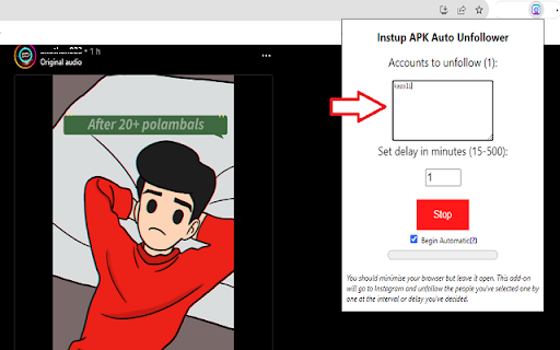 Instup Auto Unfollower from Chrome web store to be run with OffiDocs Chromium online Instup Auto Unfollower from Chrome web store to be run with OffiDocs Chromium online