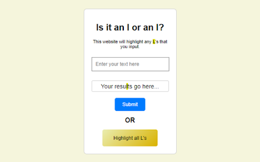 Is it an L or I? from Chrome web store to be run with OffiDocs Chromium online Is it an L or I? from Chrome web store to be run with OffiDocs Chromium online