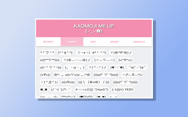 Kaomoji Me Up from Chrome web store to be run with OffiDocs Chromium online Kaomoji Me Up from Chrome web store to be run with OffiDocs Chromium online