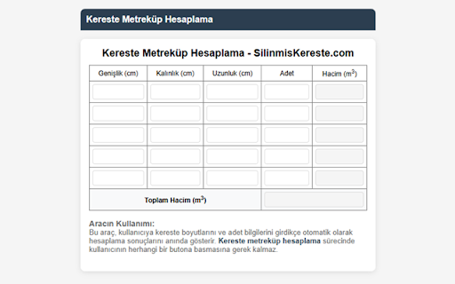 Kereste Metreküp Hesaplama from Chrome web store to be run with OffiDocs Chromium online Kereste Metreküp Hesaplama from Chrome web store to be run with OffiDocs Chromium online