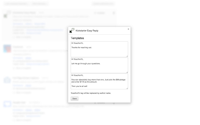 Kickstarter Easy Reply from Chrome web store to be run with OffiDocs Chromium online Kickstarter Easy Reply from Chrome web store to be run with OffiDocs Chromium online