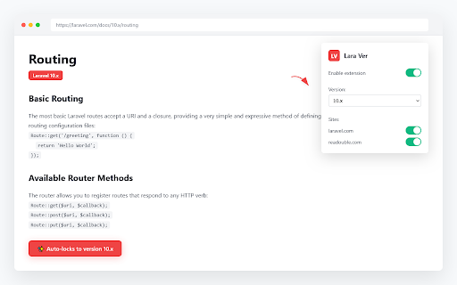 Lara Ver Laravel Documentation Version Manager from Chrome web store to be run with OffiDocs Chromium online Lara Ver Laravel Documentation Version Manager from Chrome web store to be run with OffiDocs Chromium online