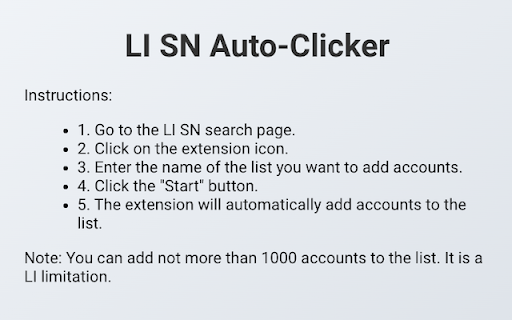 LI SN Auto Clicker from Chrome web store to be run with OffiDocs Chromium online LI SN Auto Clicker from Chrome web store to be run with OffiDocs Chromium online