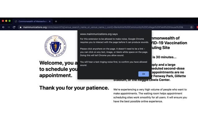 MA Vaccine Signup Ringer from Chrome web store to be run with OffiDocs Chromium online MA Vaccine Signup Ringer from Chrome web store to be run with OffiDocs Chromium online