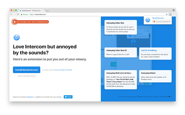 MuteIntercom from Chrome web store to be run with OffiDocs Chromium online MuteIntercom from Chrome web store to be run with OffiDocs Chromium online