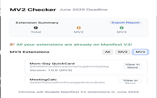MV2 Checker – Will your extensions survive June 2025? from Chrome web store to be run with OffiDocs Chromium online MV2 Checker – Will your extensions survive June 2025? from Chrome web store to be run with OffiDocs Chromium online